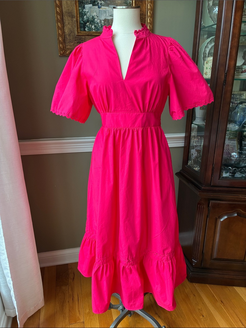 Sugarlips Vibrant Pink Eyelet-Trim Camden Poplin Midi Dress Size Medium - Picture 3 of 12
